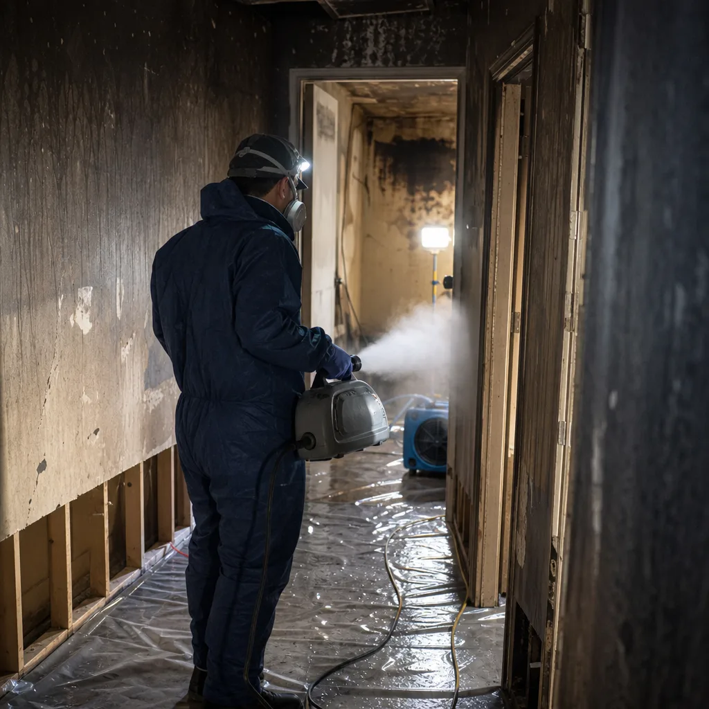 Technician performing professional fire and smoke damage restoration in a home