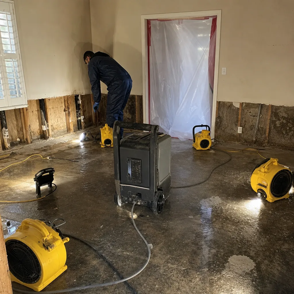 Technician using industrial drying equipment for water damage restoration