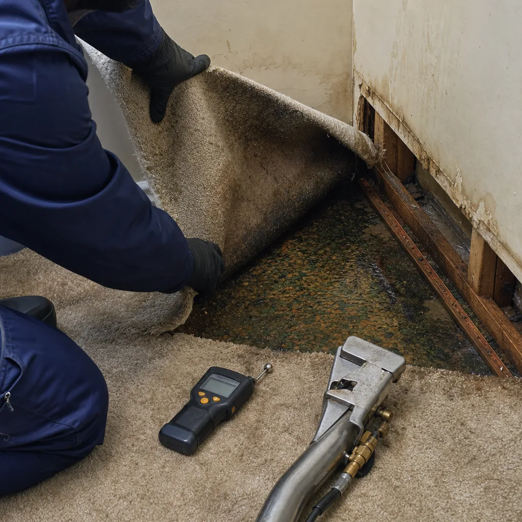 Water damage restoration professional inspecting damp carpet and floorboards